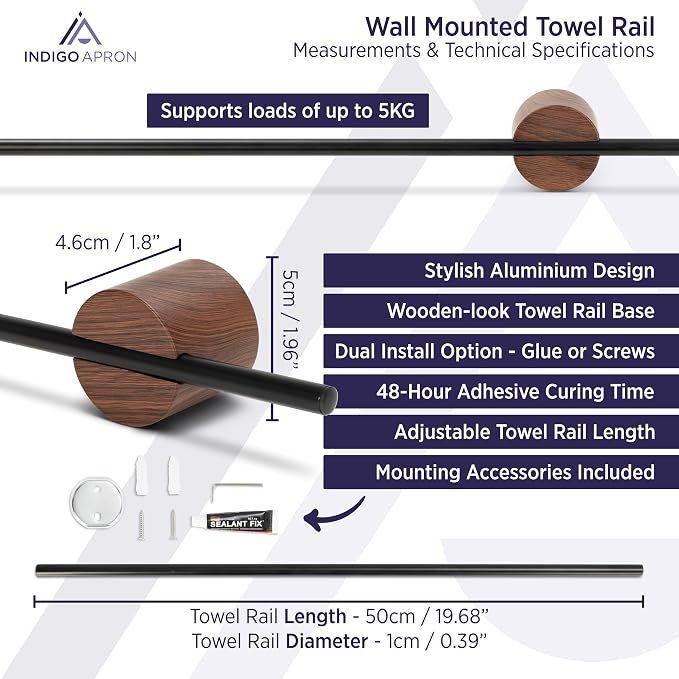 Towel Bar for Bathroom Wall, Towel Holder 20 Inch, Black Aluminium, No Drill Adhesive or Screw Mount, Modern Minimalist Towel Rack, Kitchen & Bathroom, Wall Mounted