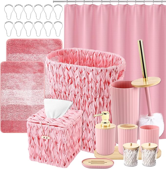 Bathroom Accessories Set, 25PCS Wicker Bathroom Accessory Set with Shower Curtain, Bath Mat, Soap Dispenser, Handwoven Trash Can & Rattan Tissue Box (Pink, Bath Set+Shower Curtain+Rugs)