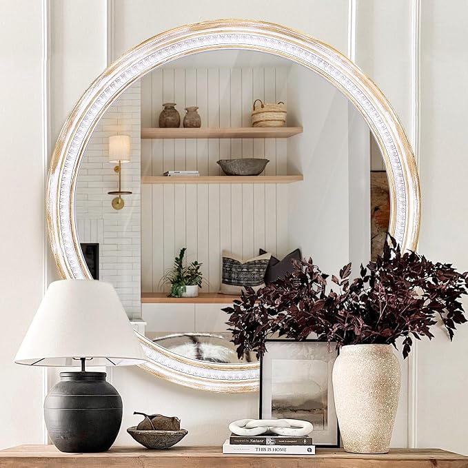 HOITUZYUS 30 Inch Rustic Farmhouse Round Wall Mirror, Boho Wooden Decorative Circle Mirror for Bathroom Vanity, Living Room, Entryway, Bedroom, Hallway