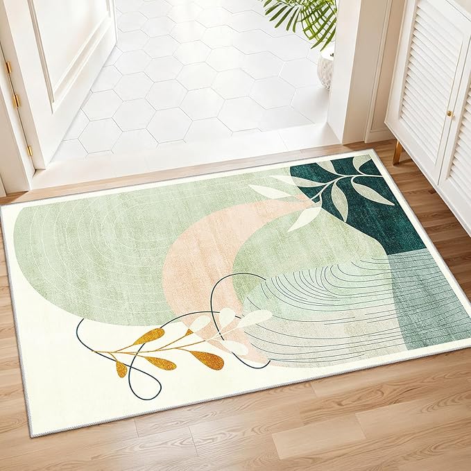 MUJOO 2x3 Washable Rug Small Area Rugs for Entryway Kitchen Bedroom,Boho Non Slip Throw Carpet for Bathroom Entrance Door Mat Mid Century Modern Abstract Botanical Geometric Accent Green