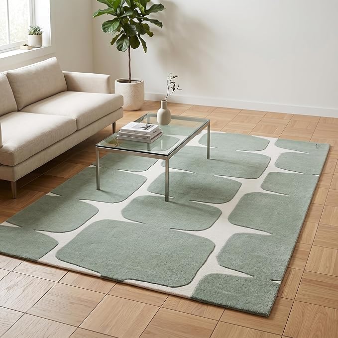 Restoration and Renovation Modern Wool Area Rug - Contemporary Abstract Geometric Design, Thick & Soft Hand-Tufted Carpet - Ideal for Indoor Decor in Living Room, Bedroom (Sage Green, 8' x 10')