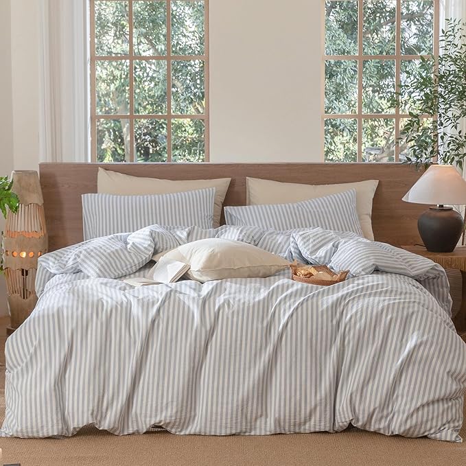MooMee Striped Duvet Cover Set 100% Washed Cotton Linen Like Textured Breathable Durable Soft Comfy (Cornflower Blue White Classic Stripes, Oversized King Plus 128"x120")