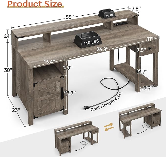 EnHomee Computer Desk with Drawers,23" D Home Office Desk with Storage,Wooden Desk with Monitor Stand,Farmhouse Desk with Printer Space and Power Outlets for Studio,Work, Study,Writing&Gaming