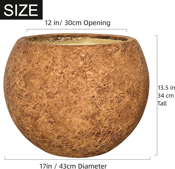 13.5 H x 17" Dia (12" Pot Opening) Round Fiberstone Planter with Drainage Hole, White, Indoor/Outdoor Large Plant Pot for Home Patio Garden, Ideal for Plants (Camel, Medium)