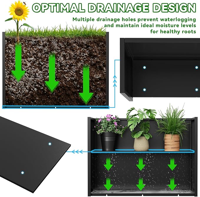 Metal Planter, 36L x 12W x 26H, Heavy Duty Tall Planters for Outdoor Plants, Black Planters with Removable Insert Shelf, Large Planters with Drainage Holes for Porch, Patio and Yard, Black