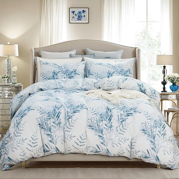 100% Cotton Duvet Cover Queen Size 3 Pieces, Blue Leaf Duvet Cover with Zipper Closure, Soft Floral Bedding Set White and Blue for All Season, Breathable, Ultra Soft