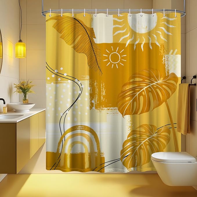 Extra Tall Shower Curtain XL Mustard Yellow Abstract, 70 x 84 Inchs | for Extra Long 84 Inchs Shower, Mid Century Modern Bohemian, Large Bathroom Decor Sets Waterproof Cloth Fabric, with Hooks