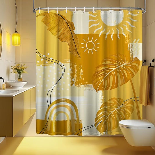 Extra Tall Shower Curtain XL Boho Mid Century Modern, 70 x 78 Inchs | for Extra Long 78 Inchs Shower, Yellow Abstract Pattern Design, Large Bathroom Decor Sets Waterproof Cloth Fabric, with Hooks