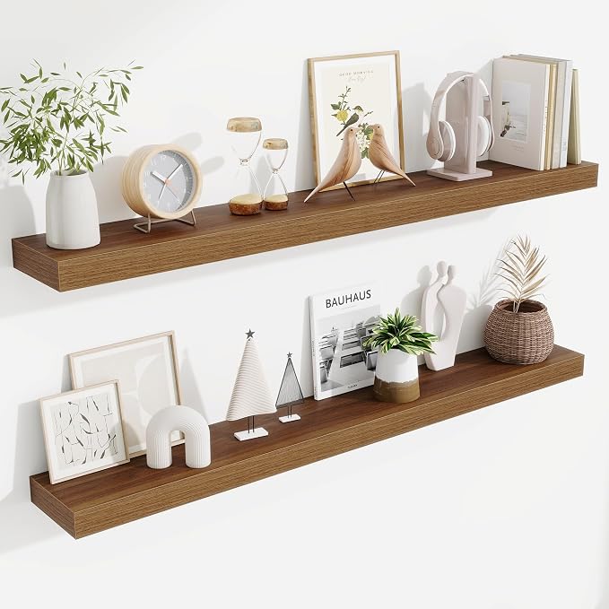 Fun Memories Floating Shelves 48 Inch, Extra Large Wood Shelf Set of 2, Hanging Wall Shelves for Bathroom, Living Room, Kitchen, Bedroom, Walnut