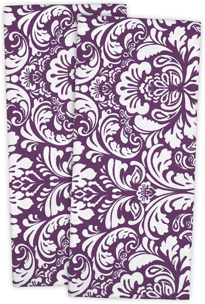DII Cotton Dish Towel Set Damask Print, 18x28, Eggplant, 2 Count