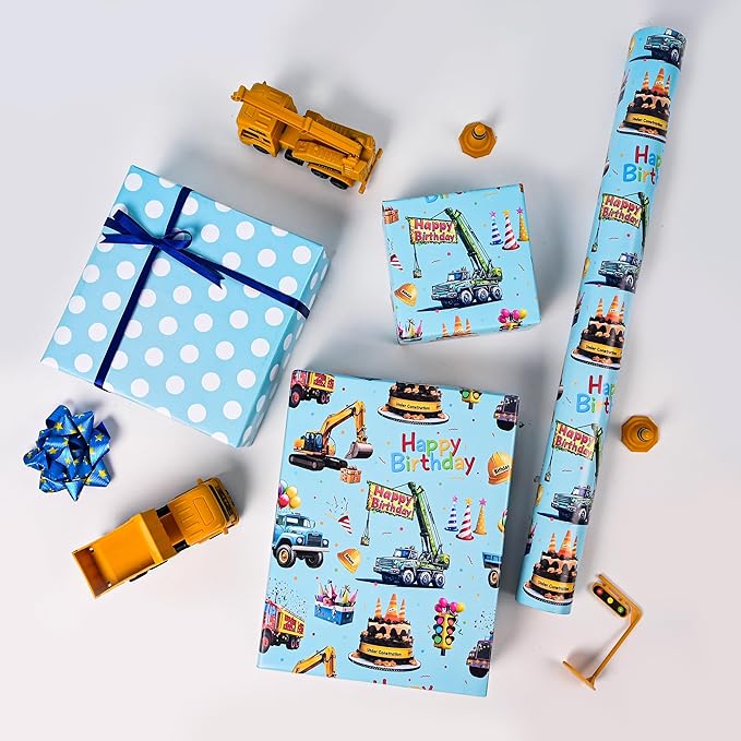 Altarho Reversible Construction Wrapping Paper Roll for Kids Boys - Blue Happy Birthday and Polka Dot Design Gift Wrap Sheets Supply for Baby Shower Party Decoration Total 28.5sq.ft