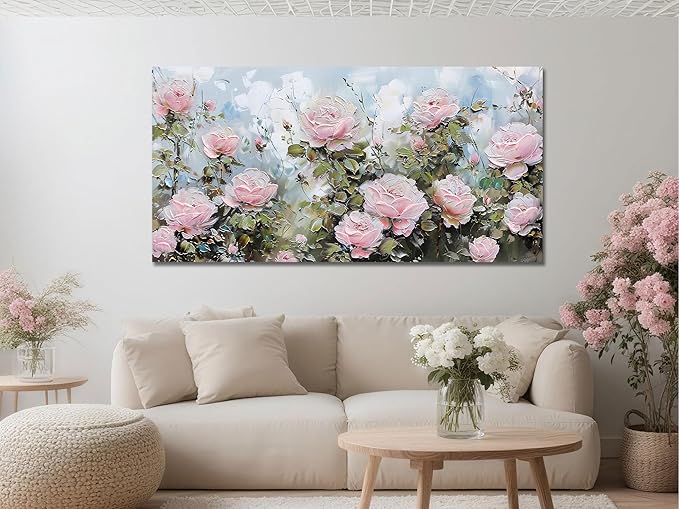 Ardemy Flower Wall Art Canvas Art Wall Decor, Floral Painting Textured Picture Living Room Pink Rose Artwork Large Framed for Bedroom Kitchen Dining Room Home Office Decor 48"x24"