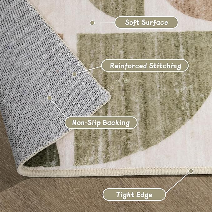 MUJOO Runner Rug Washable,2x6 Area Rugs for Hallways Kitchen Bathroom Bedroom Entryway,Non Slip Carpet Long Mat Indoor,Boho Soft Modern Abstract Vintage Green and Brown