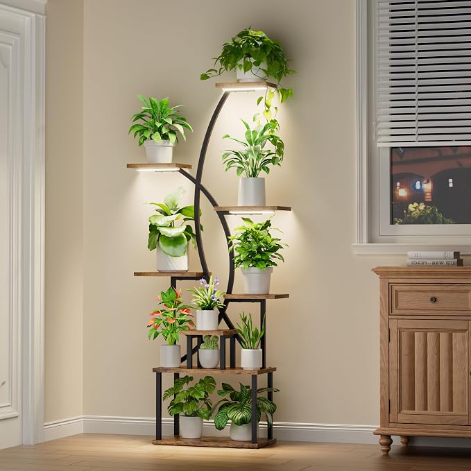 JUSTOGO Plant Stand Indoor with Grow Lights, 8 Tiered Tall Plant Shelf for Indoor Plants Multiple, 65" Large Corner Plant Stands, Metal Flower Holder Display Plant Rack for Living Room, Home, Patio