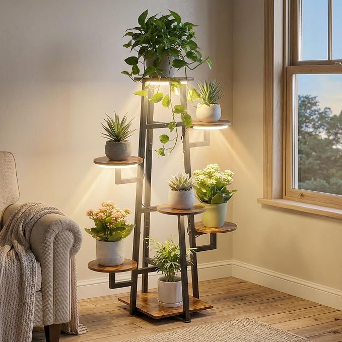 7 Tier Plant Stand Indoor with Grow Light for Multiple Plants | Corner Flower Stand, Vintage Multi-Layer Design, Sturdy Plant Shelf, Space-Saving, Ideal for Living Room Indoor Display