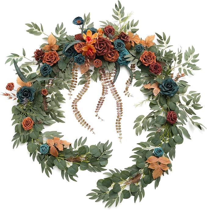 Ling's moment 9FT Flower Garland for Backdrop Decoration - Fall Wedding Arch Flowers, Eucalyptus & Rose, Artificial Floral Garland for Mantle - Sweetheart Table Decor for Ceremony, Teal & Orange