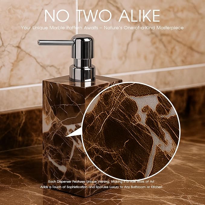 2 Pack Real Natural Marble Soap Dispenser with Stainless Steel Pump Decorative Liquid Hand Soap Bottle for Kitchen Bathroom, Compatible with Lotion, Dish Soap Shower Gel (Brown 2 Set)