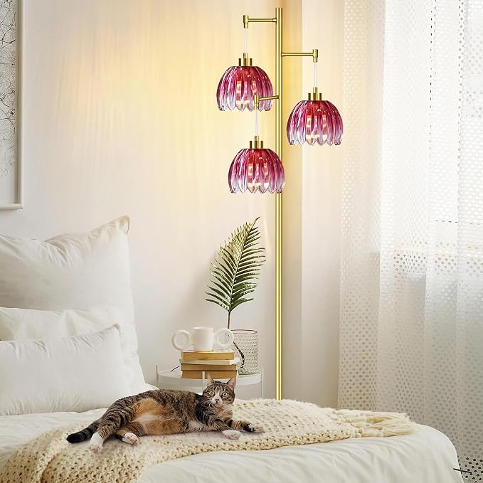 QIYIZM Pink Floor Lamp for Living Room,Bedroom,Gold Mid Century Modern Standing Lamp Brass Tree 3 Light Tall Floor Lamps Vintage Retro Floor Lights Glass Flower Lamp Shade Farmhouse Boho Bohemian