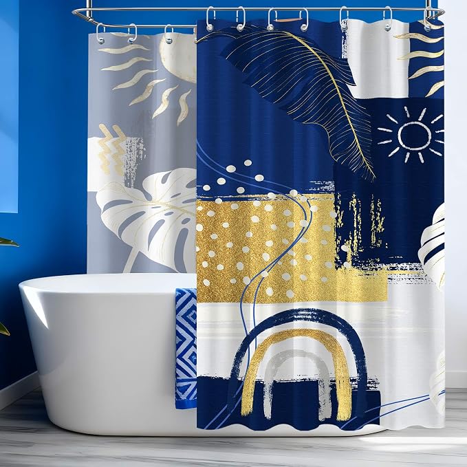 Extra Long Shower Curtain Extra Tall Blue and White XL Navy Blue and Gold Abstract Shower Curtains for Large Bathroom Decor Sets, Waterproof Cloth Fabric with Hooks, 108x72 Inch