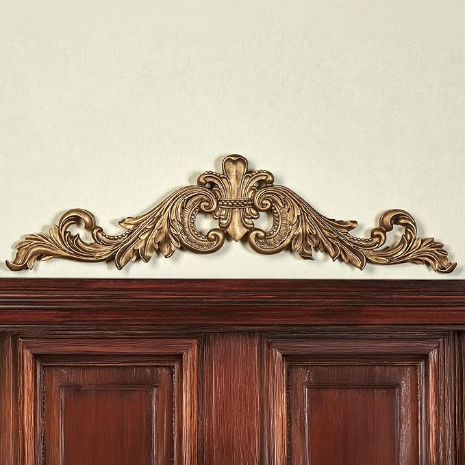 Salvatar Wall Art Topper | Large, Wide Doorway Design | Antique Aged Gold Metallic Finish | Openwork Acanthus Leaf Scrolls with Ornate Fleur De Lis | Hang Alone or Above A Door, Window, or Artwork