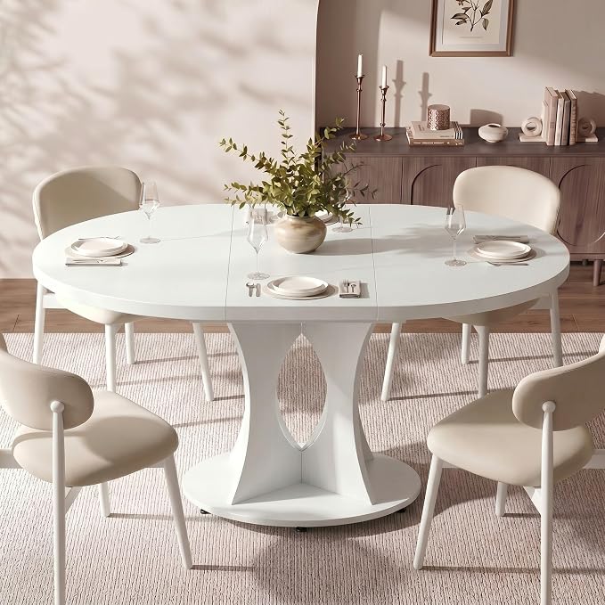 Einhomn 43-59" Extendable Round Dining Table, Kitchen Table for 4-8, Farmhouse Circle Dining Room Table with Removable Leaves, Hidden Storage, Space Saving Wood Kitchen & Dining Room Furniture, White