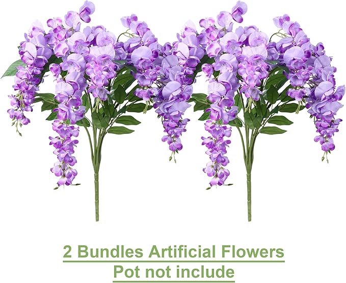 HyeFlora Artificial Hanging Flowers Spring Fake Flower for Vase, 2Pcs Light Purple Silk Wisteria UV & Fading Resistant Faux Flowers for Centerpiece Table, Bedroom Kitchen Living Room Bathroom
