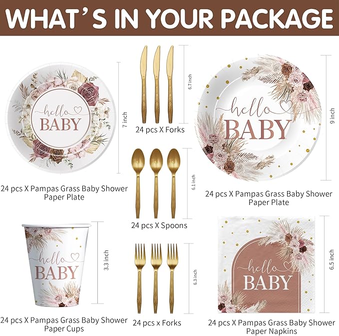 Boho Baby Shower Decorations Party Tableware - Boho Floral Pampas Grass Baby Girl Decorations, Paper Plate, Napkin, Cup, Disposable Cutlery | 24 Guests