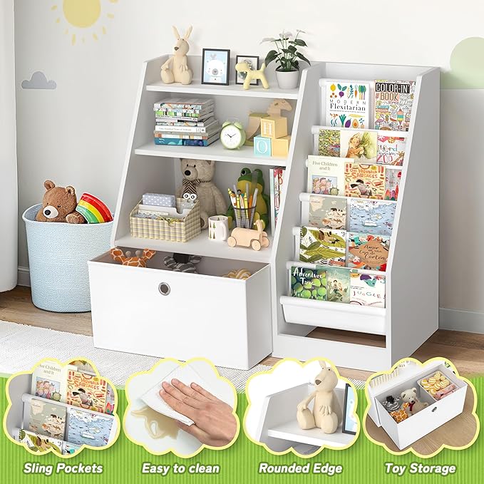 TOETOL Kids Bookshelf,Book Storage Organizer,6 Sling Toddler Wooden Book Shelf,3-Tier Kids Bookcase for Bedroom,Livingroom,Playroom,Nursery-White