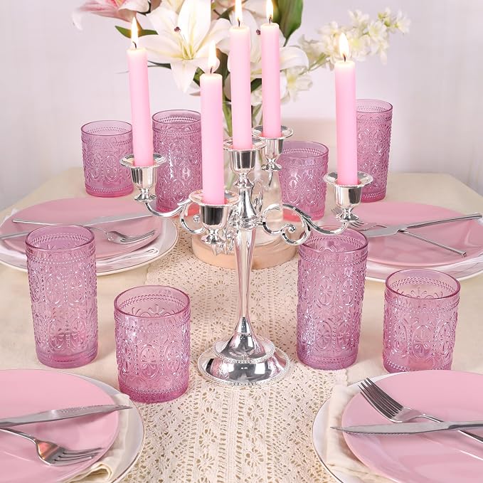 Darlion 6 Pack Pink Vintage Glassware Set, 10oz Romantic Drinking Glasses, Colored Water Glasses, Pink Embossed Glass Cups for Juice, Cocktails, Beer, Iced Tea, Soda