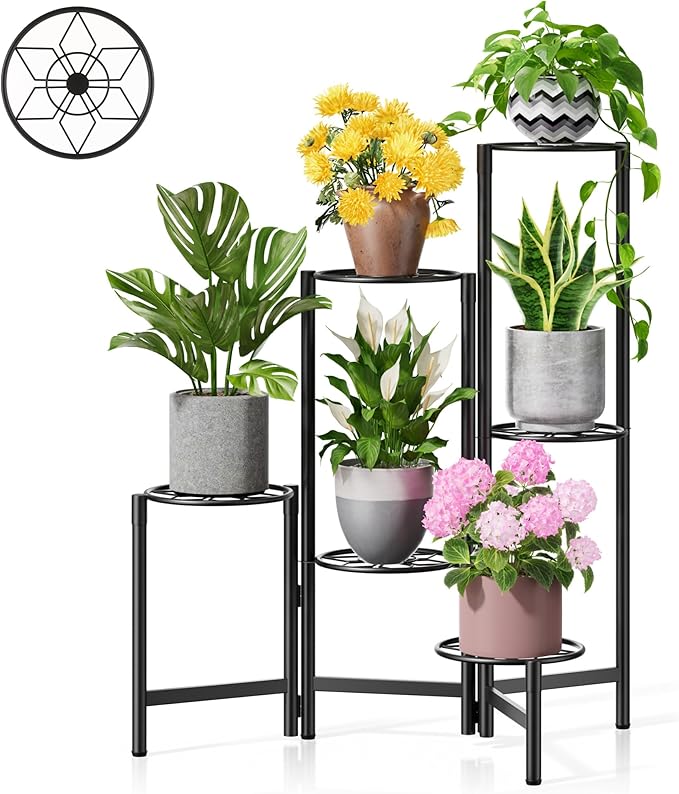 6 Tier Metal Plant Stands Outdoor Indoor, Heavy Duty Flower Pot Holder Potted Display Rack Shelf, Tall Corner Plant Shelf for Patio Garden Balcony Living Room Bedroom -BlackDiamond