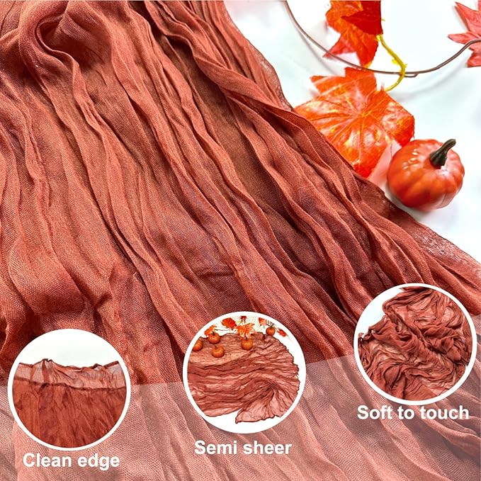 Booque Valley Fall Table Runner Terracotta Cheesecloth 10ft Soft Boho Wrinkled Decorative Gauze Sheer for Autumn Thanksgiving Holiday Party Centerpiece Decoration Table Decor, 35x120 Inch, 1 Pc