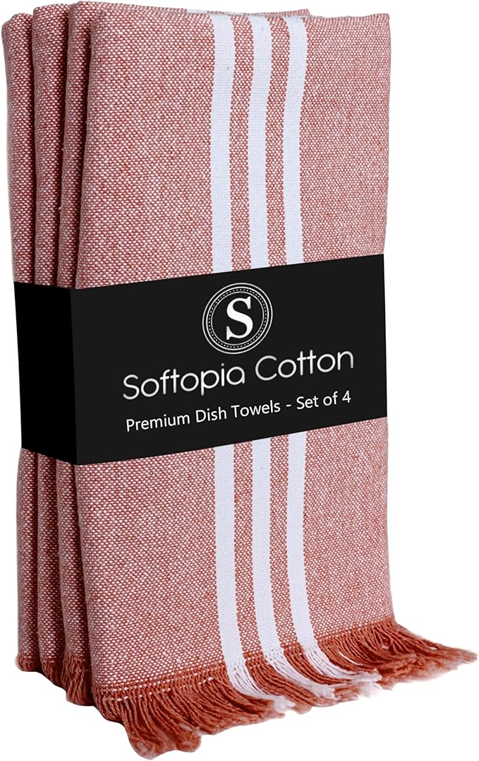 Stripe Kitchen Dish Towels 4 Pack, 16x26 Inches, Quick Drying Cloths, 100% Cotton, Absorbent Wash Rags, Washable and Reusable, Cleaning Towels for Dishes, Everyday Drying Use - Rust