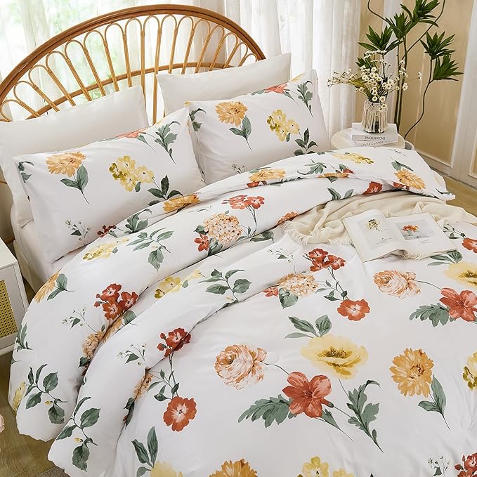 Yellow Floral Comforter Set Cute Botanical Bedding King 100% Cotton Floral Vintage & Country Cottage Bedroom Decor Soft Reversible