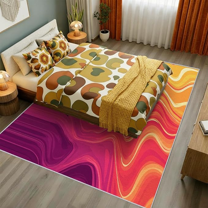 70s Rug Square 8x8 Vibrant Sensory Abstract Retro Pop Pattern Area Rugs for Living Room, Bedroom, 70s Home Decor Accessories Indoor Carpet, Non Slip & Machine Washable, GD0412