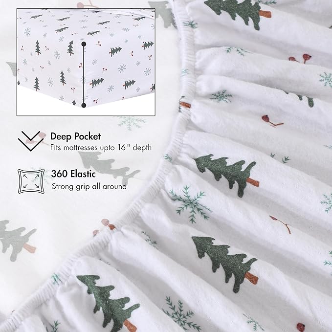 RUVANTI Flannel Sheets Twin XL Size - 100% Cotton Double Brushed Twin XL Sheet Sets, Deep Pockets 16 Inches, All Seasons Breathable & Extra Soft Bed Sheets, Warm & Cozy, 3 Piece, Berry & Pine