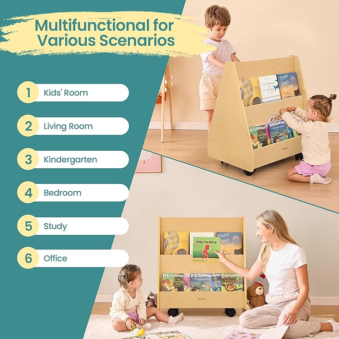 Double-Sided Kids Bookshelf, Premium Book Shelf for Kids Rooms, Toddler Book Rack Organizer with Wheels, Wooden Montessori Bookshelf & Book Storage Display for Classroom, Preschool, Nursery