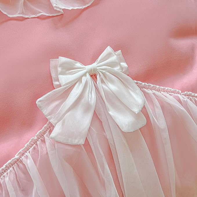 Girls Lace Bedding,Twin Comforter Cover Set, Chic Ruffled Duvet Cover with Lovely Bow,Princess Style 1 Duvet Cover with 1 Pillowcases, No Comforter-Bright Pink,Twin Size