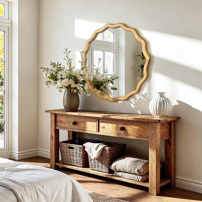 AMOISE Scalloped Round Mirror 24", Boho Wavy Wooden Frame Wall Mirror, Shatterproof Circle Accent Mirror for Bathroom, Bedroom, Entryway and Living Room