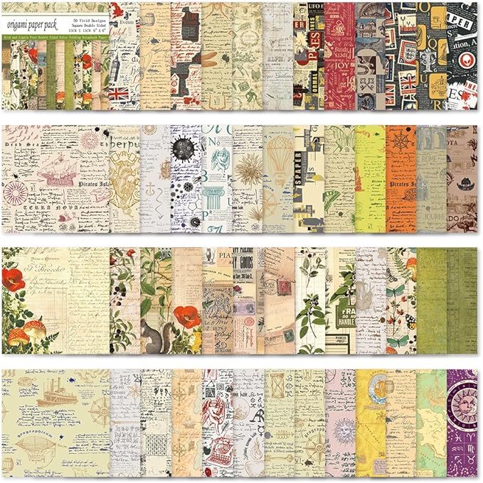 Square Origami Paper 6x6 Double Sided 50 Sheets 50 Colors 70GSM Origami Kit Japanese Chiyo Easy Fold Arts Crafts DIY Handwork Beginner Retro Newspapers