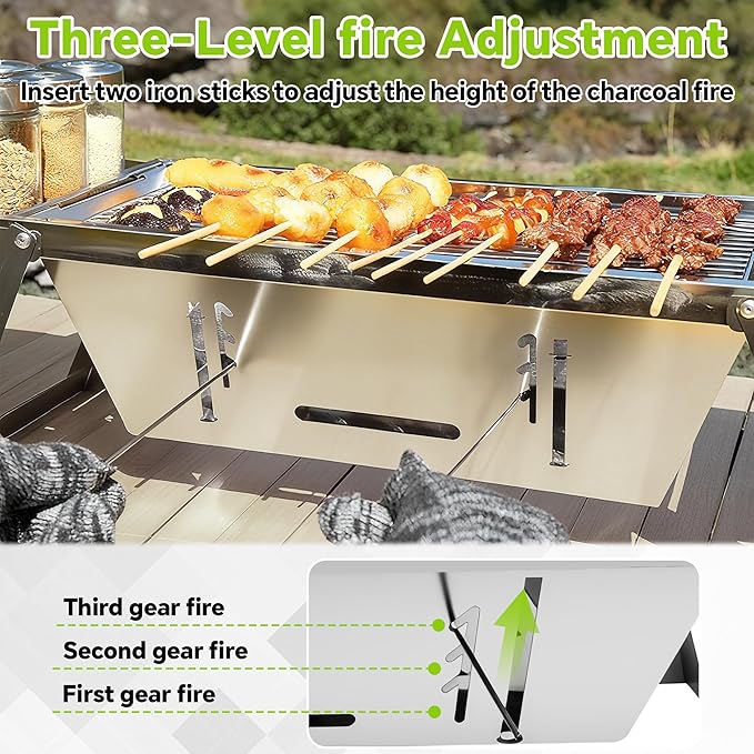 Foldable Small Charcoal Grill, Portable Stainless Steel Charcoal Grill, Tabletop Yakitori Grill for Outdoor Cooking, Travel Camping, BBQ, Tailgating, Picnics, High-Temp Resistant for 2-3 People