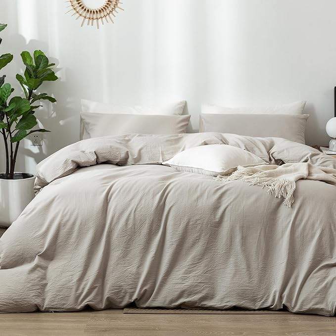 MooMee Bedding Duvet Cover Set 100% Washed Cotton Linen Like Textured Breathable Durable Soft Comfy (Heathered Cream Grey, Palatial King/Oversized King 120"x98")