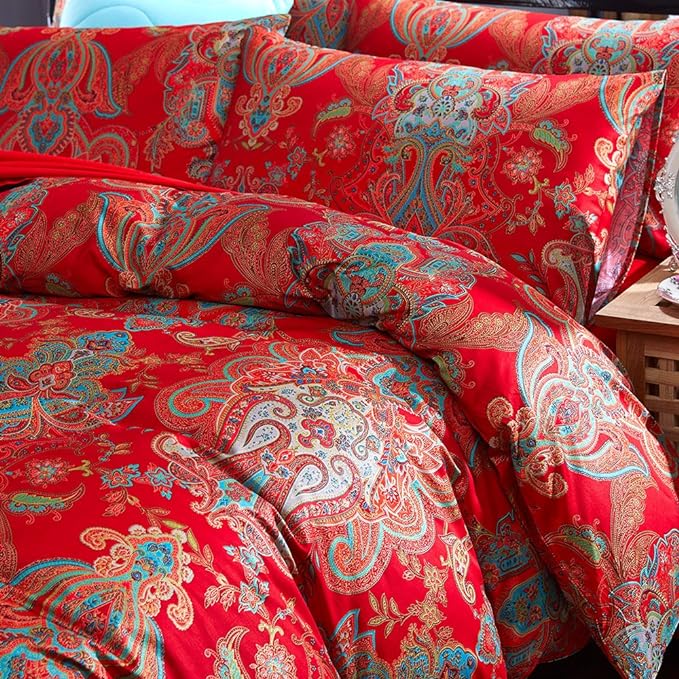 mixinni King Size Duvet Cover Set Paisley Light Blue Long Staple Cotton Percale Farmhouse Pattern Duvet Cover on Red Vintage Floral Bedding Comforter Cover with 2 Pillowcases Perfect for Him and Her