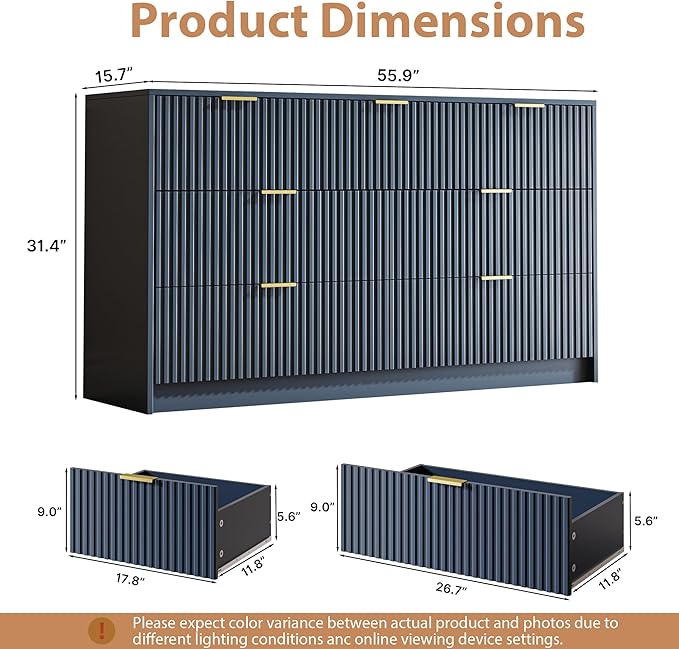 Navy 7 Drawer Dresser for Bedroom, 55.9" Wide Modern Fluted Dresser with Gold Metal Handles, Wide Chest of Drawers for Bedroom, Living Room, Entryway, Hallway