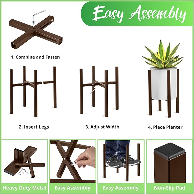 Sorbus Adjustable Metal Plant Stand – Mid Century Style Flower Pot Holder, 10 to 16 Inches Planter Stand for Modern Home Décor, Houseplants – Plant & Pot NOT INCLUDED (Brown, 2 Pack)