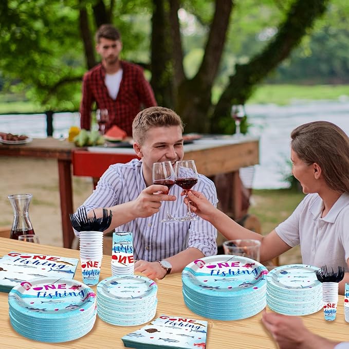 Gone Fishing Birthday Party Plates and Napkins Decorations Kit, Ofishally One Fisherman Tableware Supplies for Birthday Little Fisherman Favors Party Decor Service 24 Guests