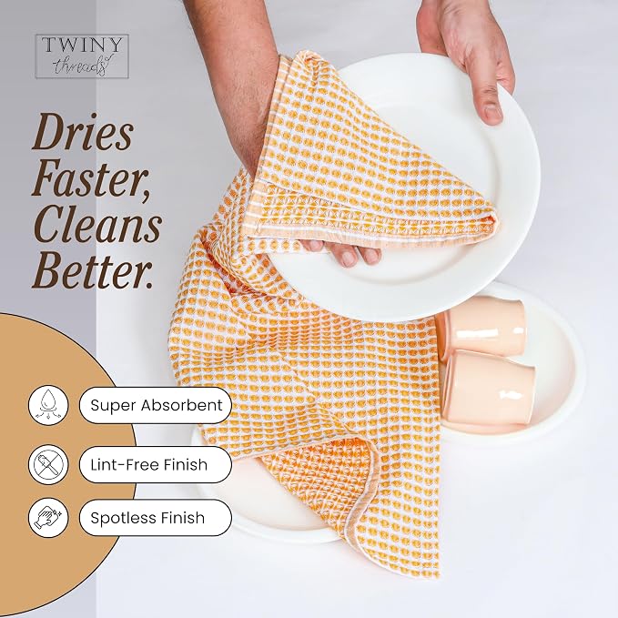 TWINY threads Circle Waffle Tea Towels 4 Pack, 16x26 Inches, 100% Cotton, Heavy Duty, Quick Dry, Reusable Dish Cloths, Ideal for Baking, Cooking, Farmhouse Kitchen Decor, Mustard Yellow