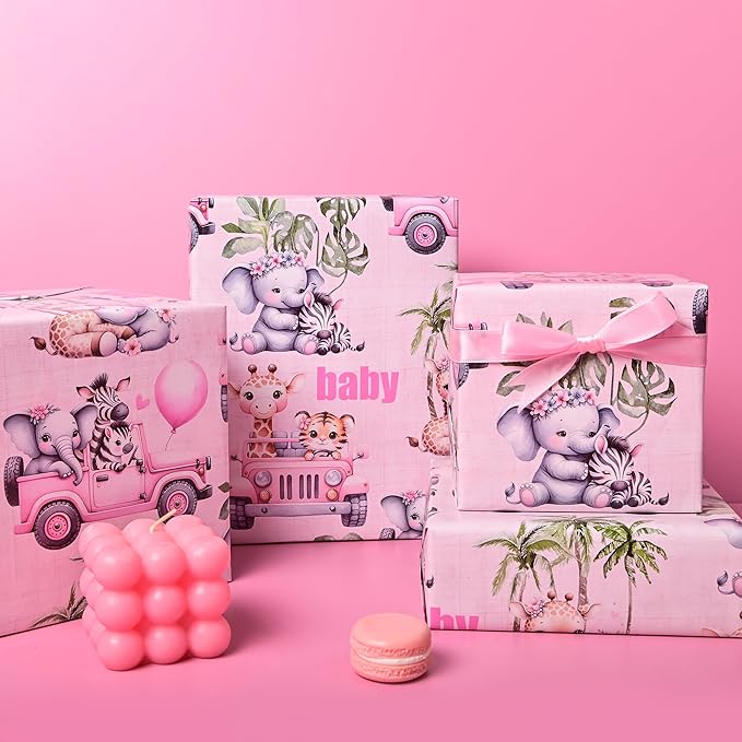 Altarho Baby Shower Wrapping Paper Roll - Pink Woodland Animals Truck Design Gift Wrap Sheets for Kids Boys Girls Baby Shower Party Decoration Celebration Total 28.5sq.ft