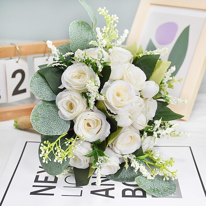 Wedding Bouquets for Bride Bridesmaid, 7.8" White Ivory Bouquet Artificial Silk Roses Flowers with Eucalyptus for Wedding Church Decoration