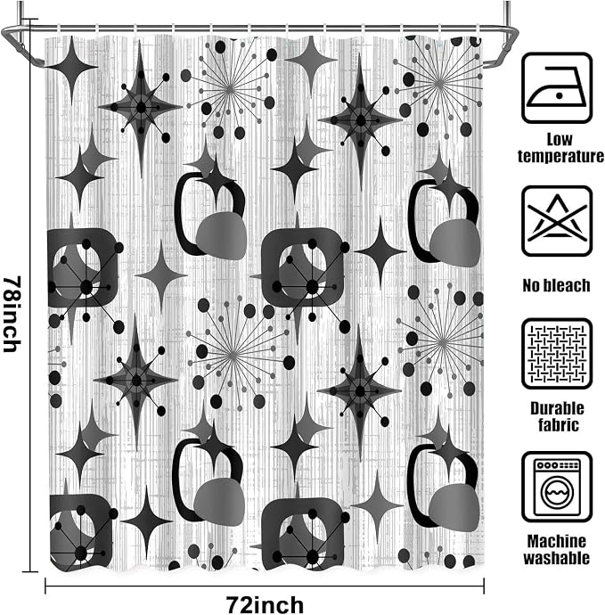 Mid Century Shower Curtain, 72x78inch, Modern Abstract Retro Grey Striped Geometric Shower Curtain Sets 1950s Boho Bathroom Shower Curtain with 12 Hooks