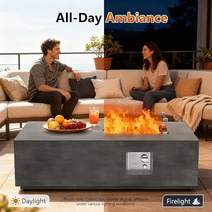 2-Piece 42" Rectangular Propane Fire Pit for Outside Patio with Hidden Tank Table, 50,000 BTU Fireplaces with Glass Wind Guard, Lid, Glass Rocks, Cover(Grey Wood Grain)